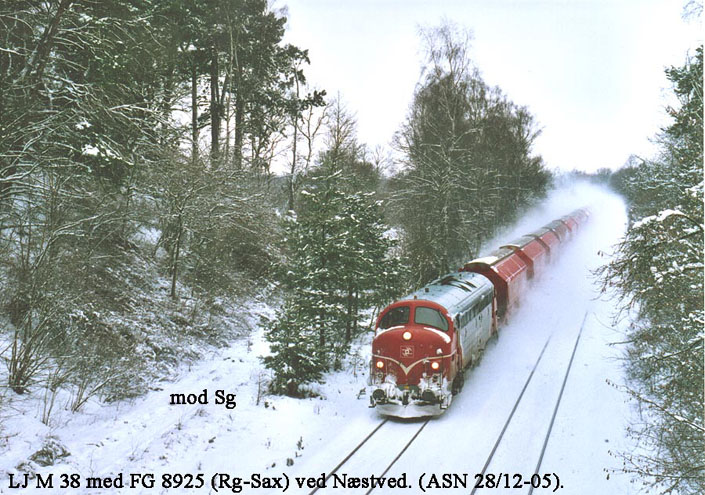 LJ M 38 + empty sugar train FG 8925 from Ringsted (DK) to Sakskbing (DK) at Nstved (DK) on 28 December 2005 (photo
courtesy and copyright of Allan Stvring Nielsen).